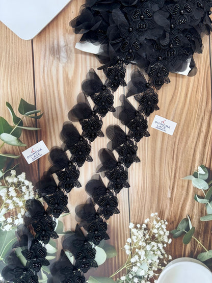 Beautiful Pearl Work Guipure Hanging Lace Black 130226