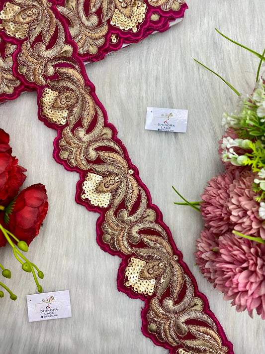 Beautiful Velvet Based 3 Inches Broad Cutwork Lace Magenta 9 Meters 070126/090126