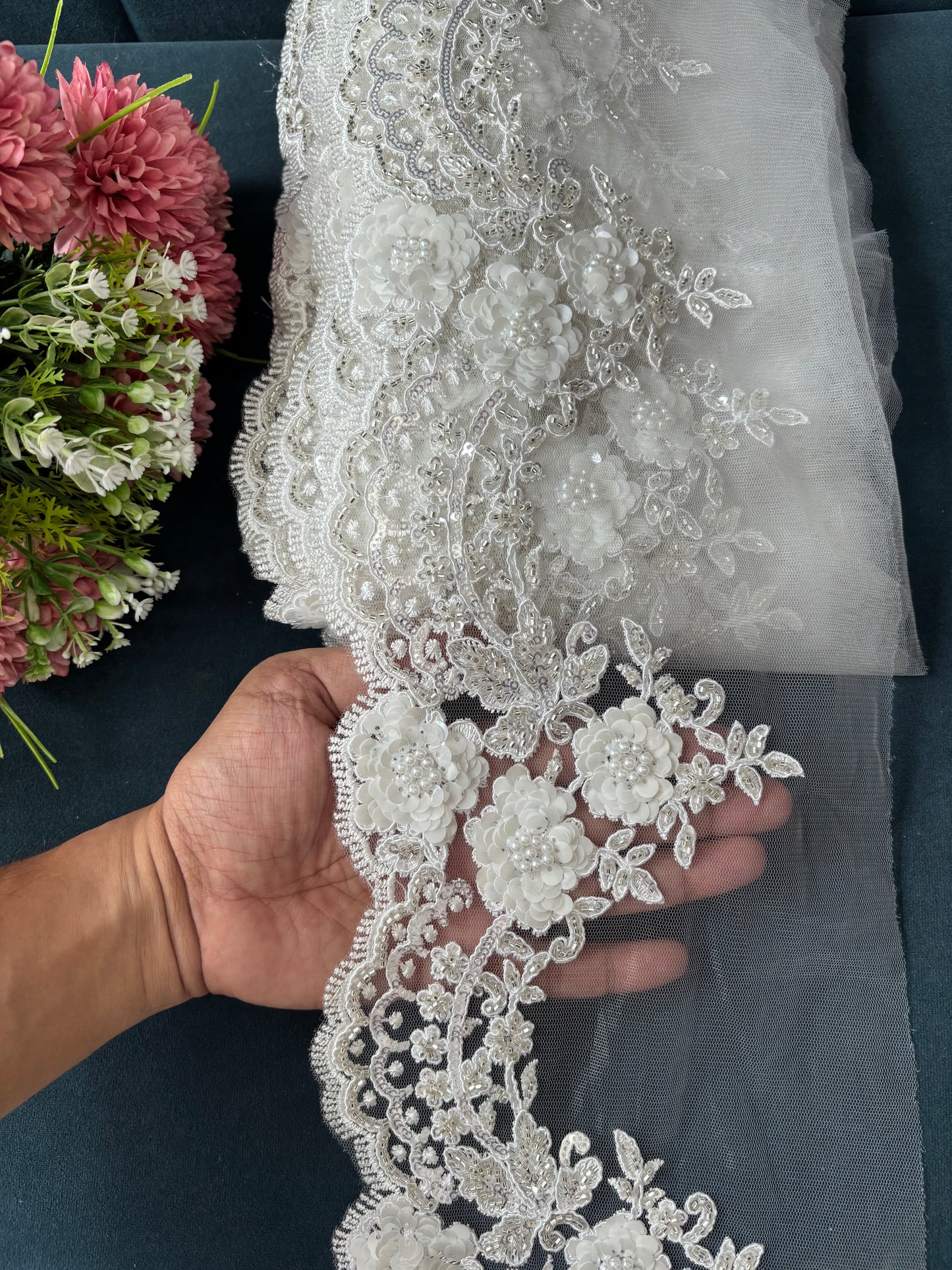 Beautiful Net Based Cutdana And Sequence Work 7 Inches Broad Lace White 230625