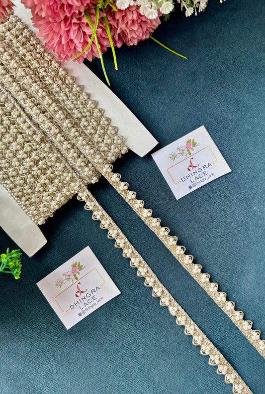Beautiful Pearl Work Lace Water Gold & White 180825
