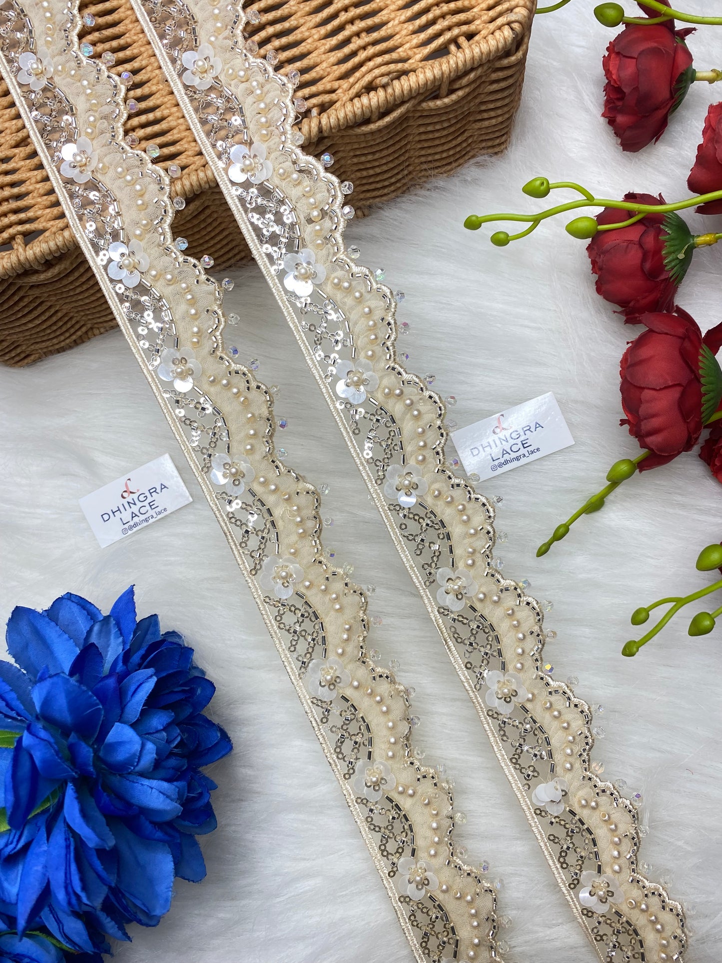 Beautiful Organza Based Cutpipe, Crystal, Sequence And Beads Work Lace (1 Meter) 250826