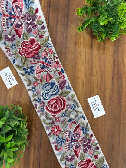 Cross Stitch Borders Multicolour Butterfly Floral Pattern For Saree Dupatta Lehanga & Home Furnishing 090726 Price Per Meter