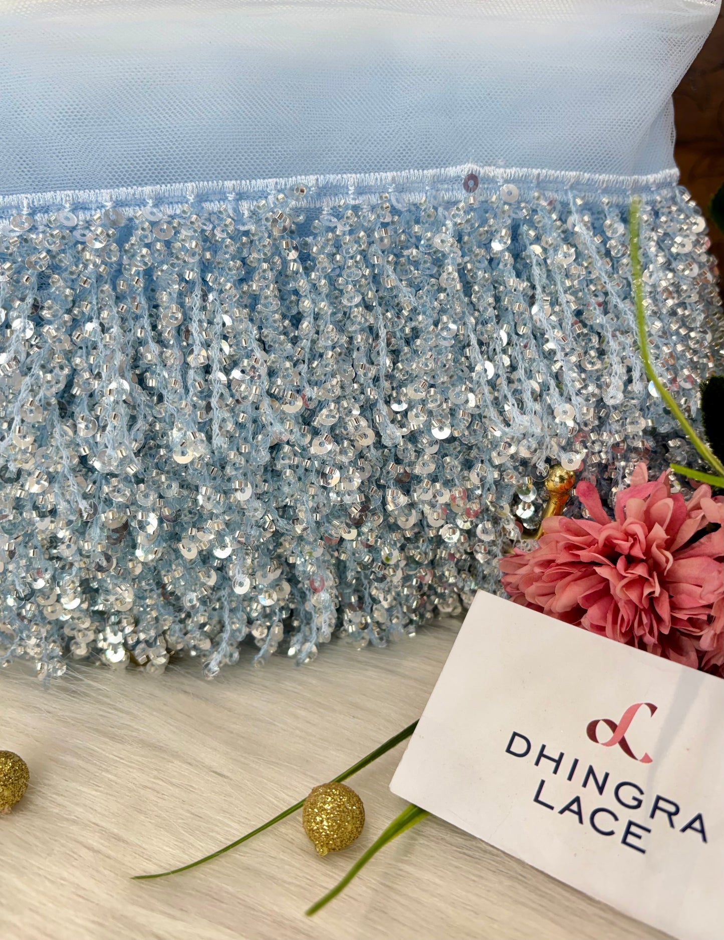Beautiful Net Based Cutdana And Sequence Work Hanging Lace Sky Blue 200625