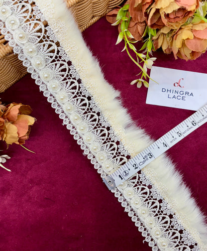 Beautiful Cotton Based Pearls And Feather Work 3 Inches Broad Lace Off White 220925