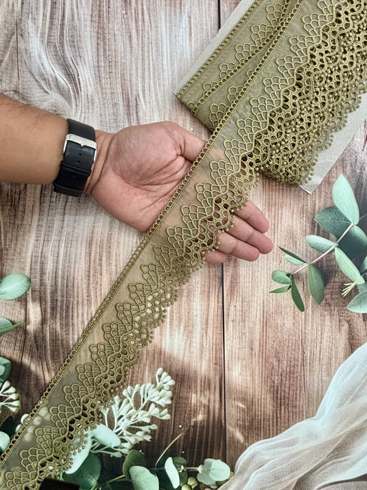 Beautiful Organza Based Scallop Lace Medium Olive Green Colourful (1 Meter ) 190226/130726