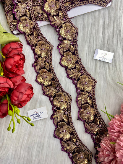 Beautiful Velvet Based 2 Inches Broad Scallop Lace Wine 9 Meters 070126/090126