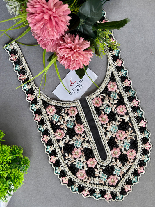Beautiful Net Based Threadwork & Cutdana Work Neck Black 130625/7