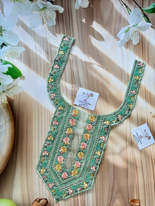 Beautiful Net Based Threadwork & Cutdana Work Neck Mint Green 130625/5
