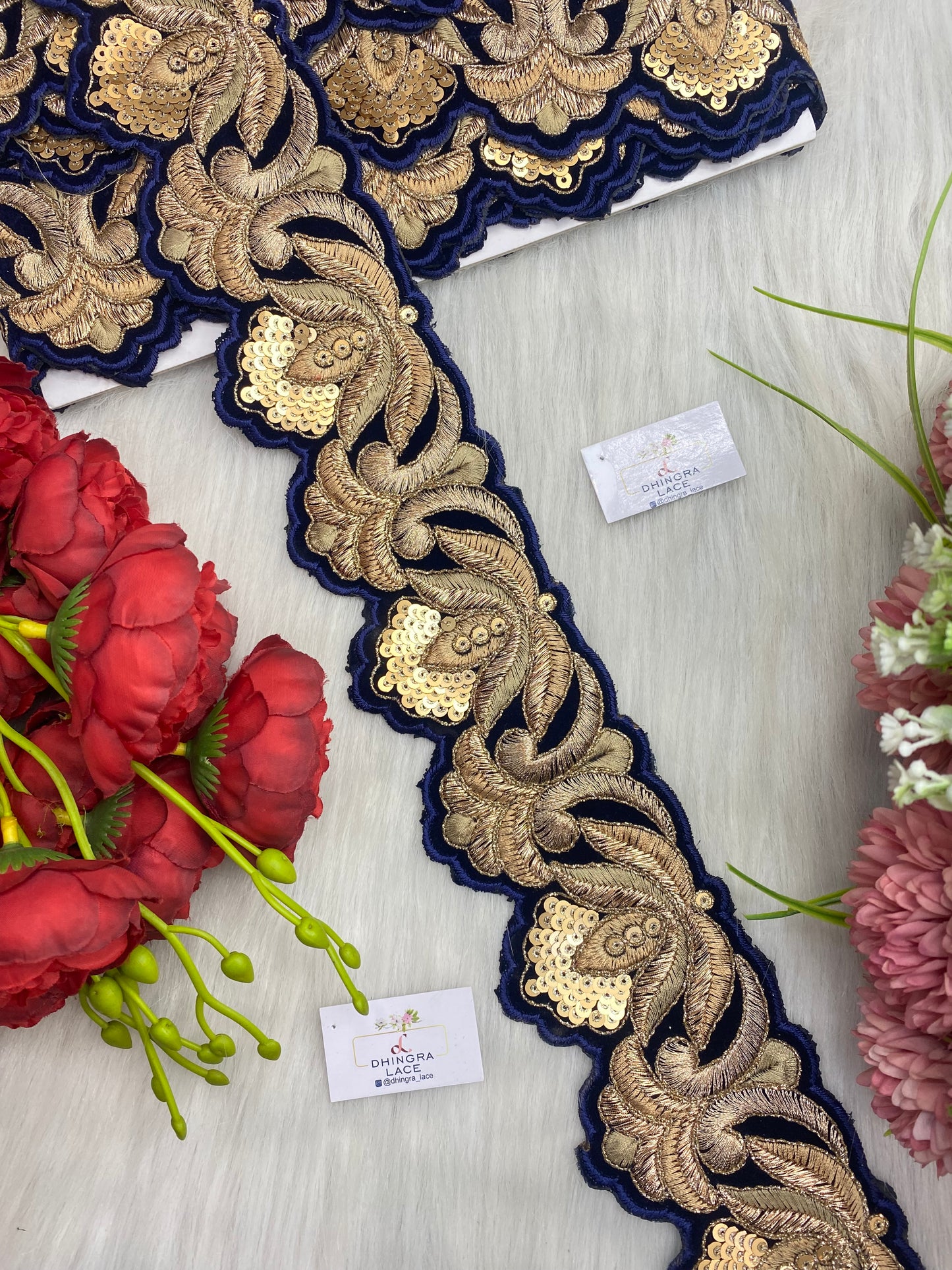 Beautiful Velvet Based 2 Inches Broad Cutwork Lace Navy Blue  9 Meters 070126/090126