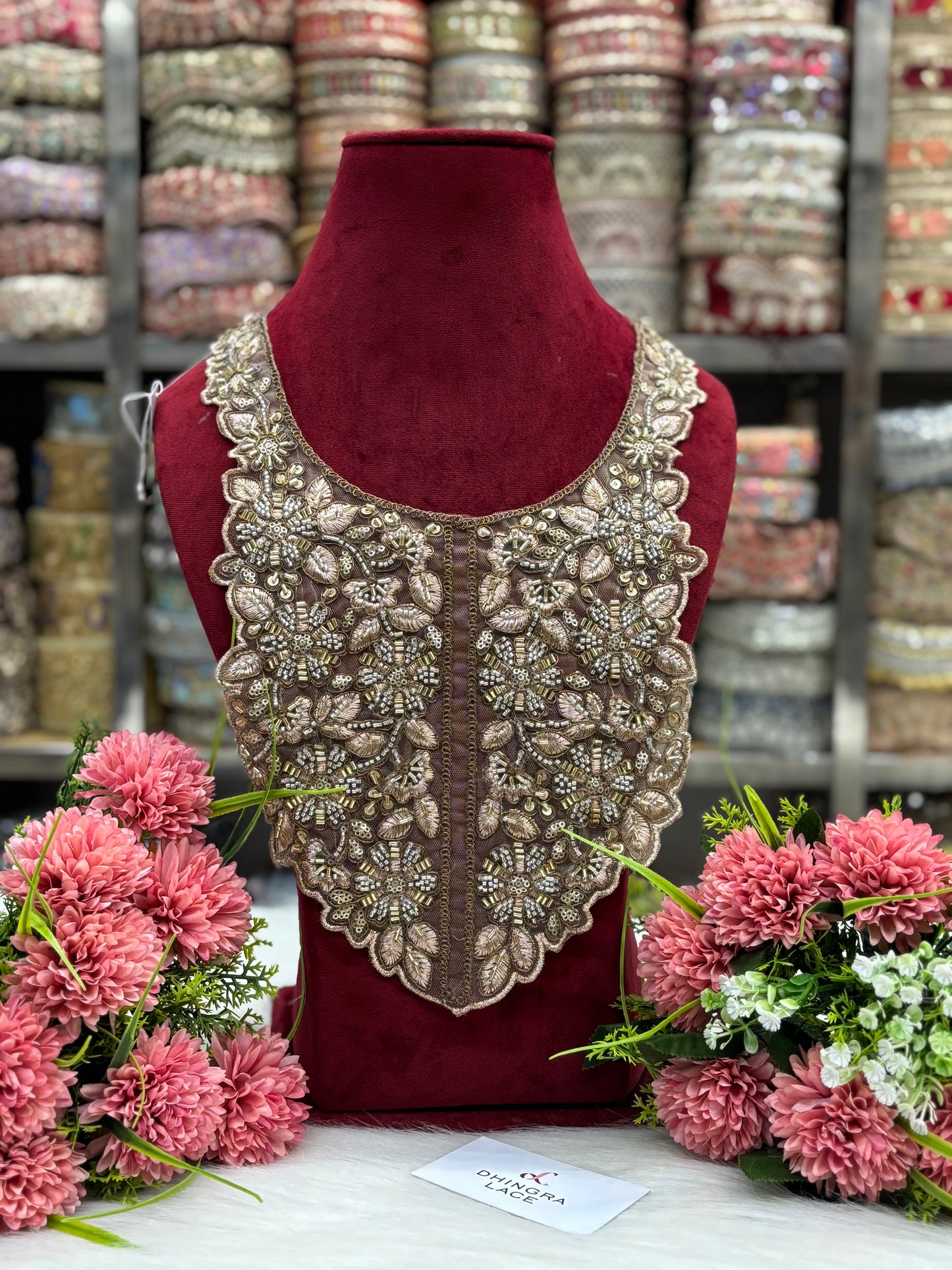 Beautiful Net Based Cutpipe And Sequence Work Neck Antique Gold 130325