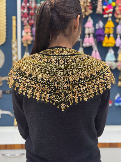 Beautiful Black Net Based Sequence And Cutpipe Work Cape Gold 040325