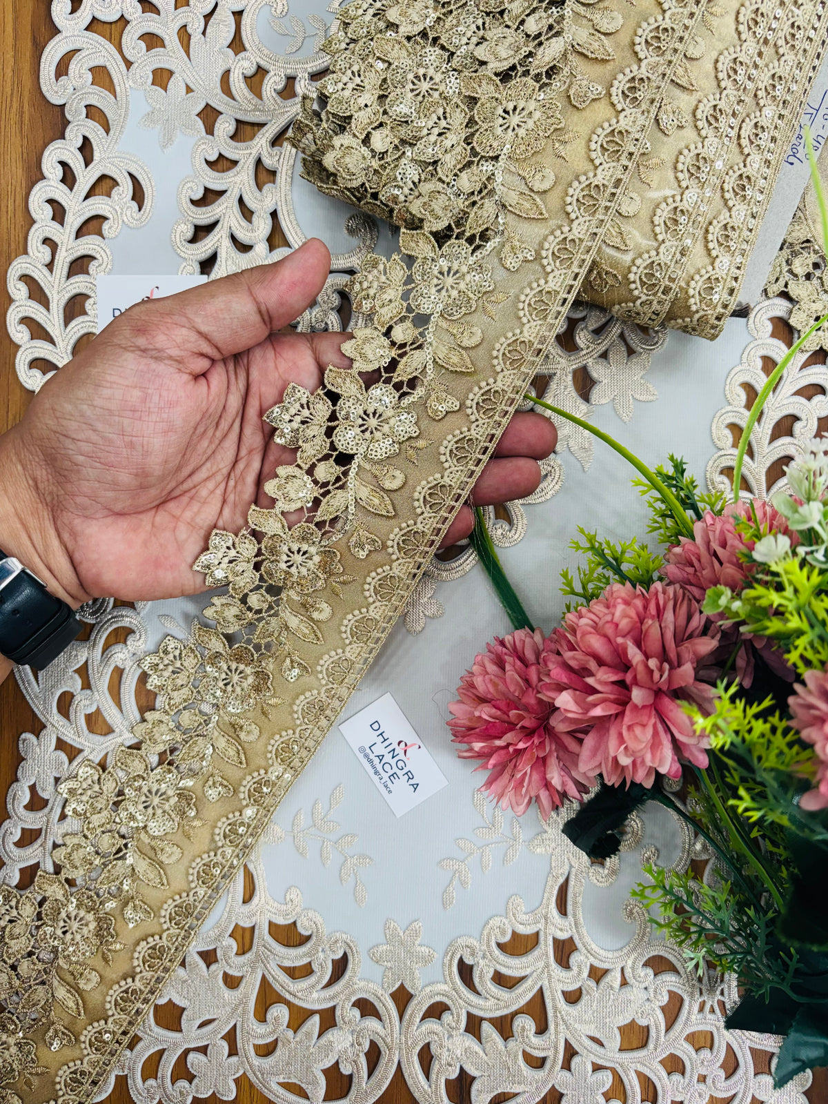 Organza Based Guipure Cutwork Flower Lace Gold 210826