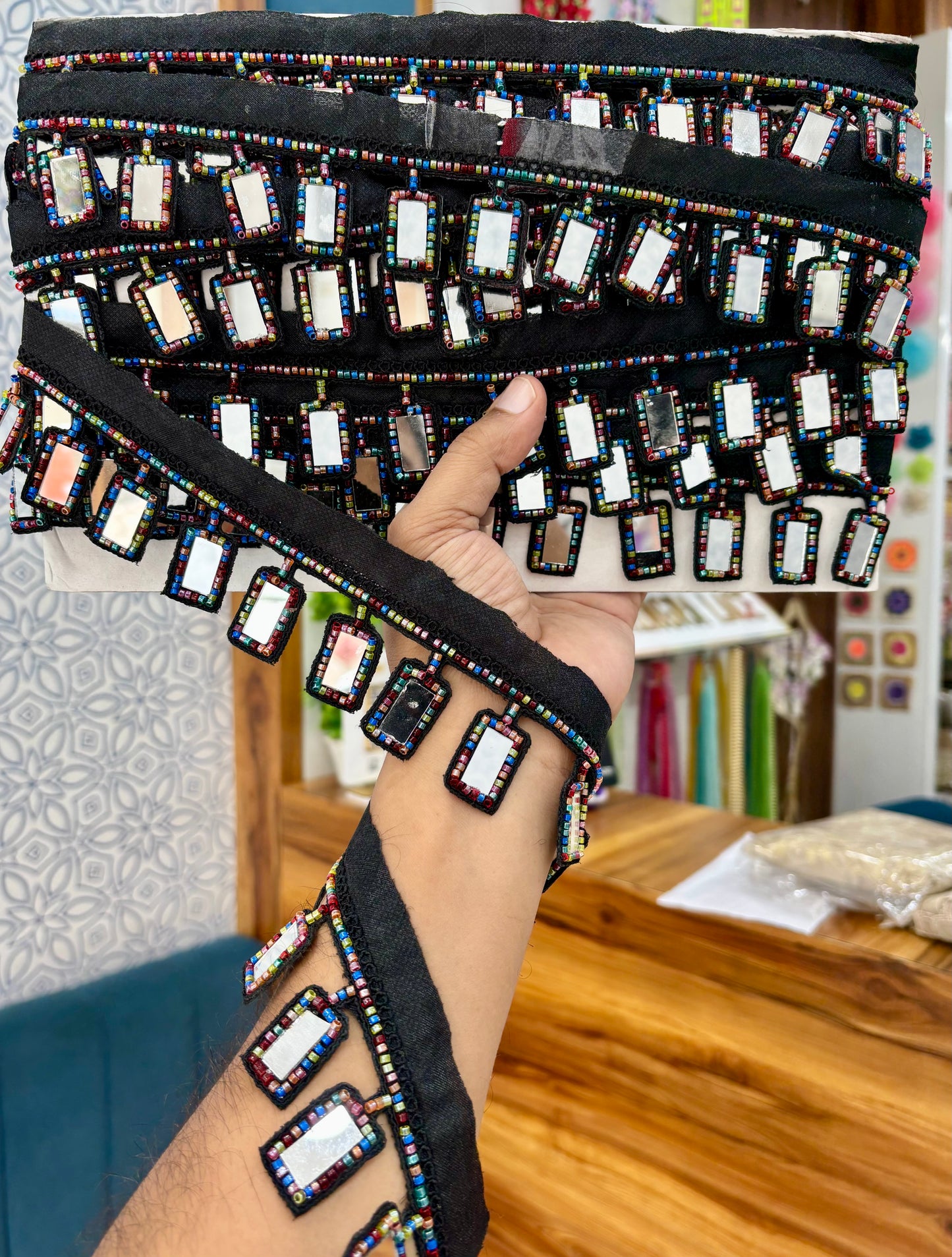 Beautiful Mirror Work Hanging Lace Black Multi 060925