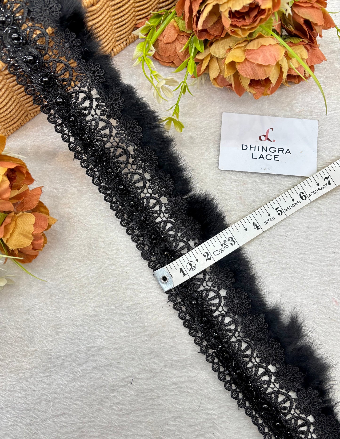 Beautiful Cotton Based Pearls And Feather Work 3 Inches Broad Lace Black 220925