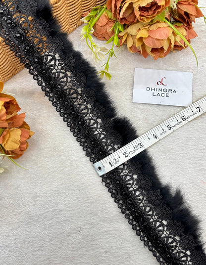 Beautiful Cotton Based Pearls And Feather Work 3 Inches Broad Lace Black 220925