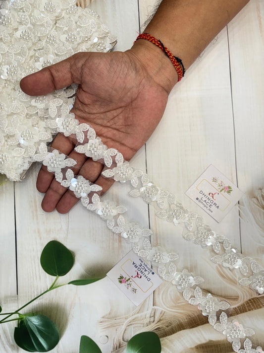 Beautiful Organza Based Flower Work Lace White 091025