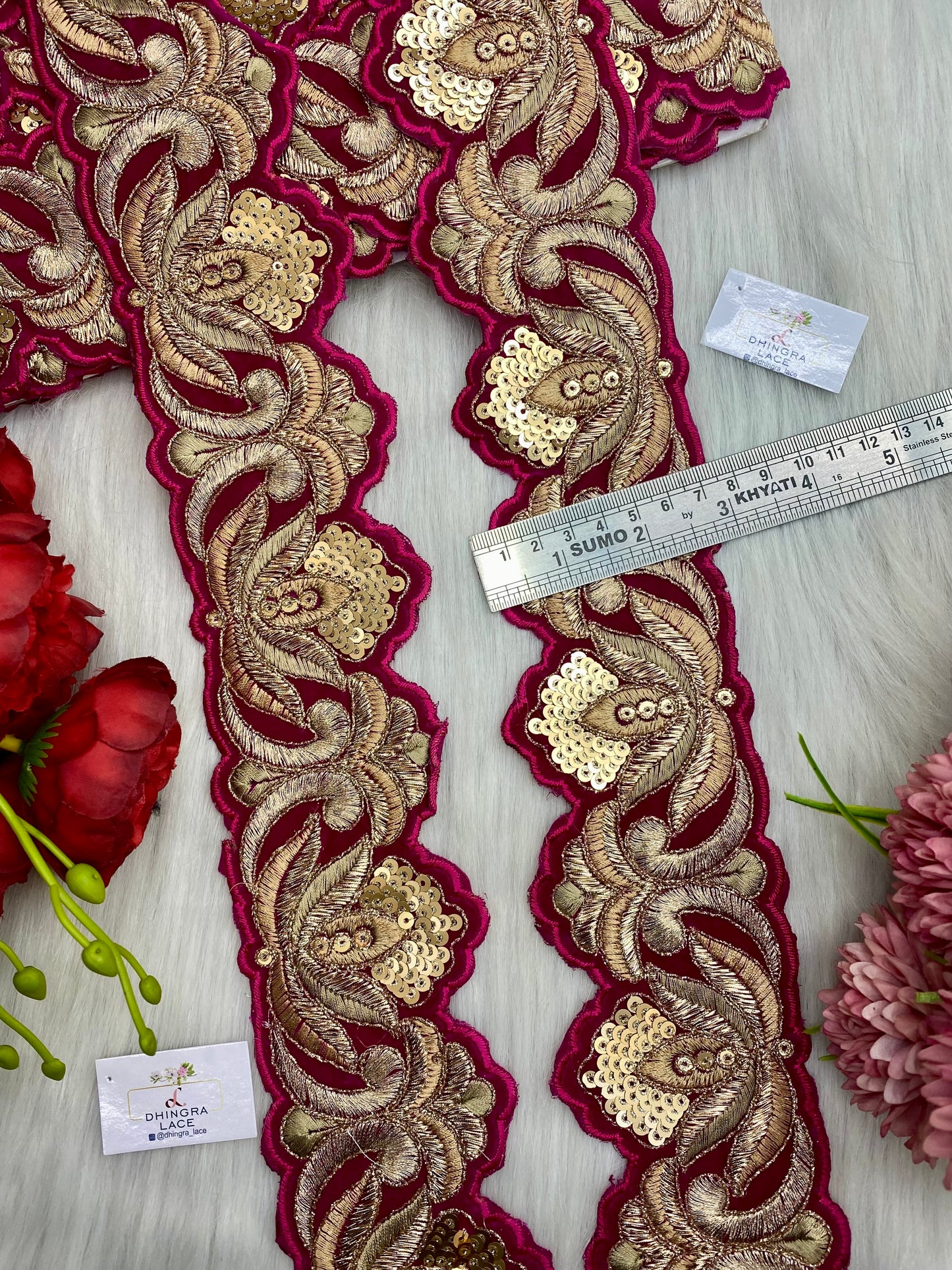 Beautiful Velvet Based 3 Inches Broad Cutwork Lace Magenta 9 Meters 070126/090126