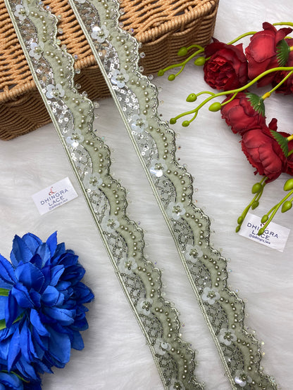 Beautiful Organza Based Cutpipe, Crystal, Sequence And Beads Work Lace (1 Meter) 250826
