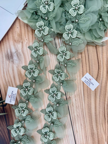 Beautiful Pearl Work Guipure Hanging Lace Olive Green 130226