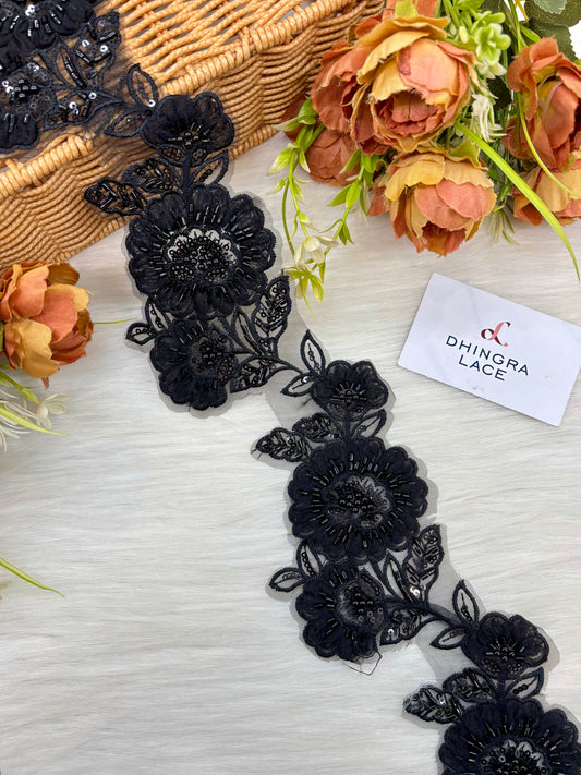 Beautiful Handwork Cutpipe And Pearls Work Lace Off Black 111224