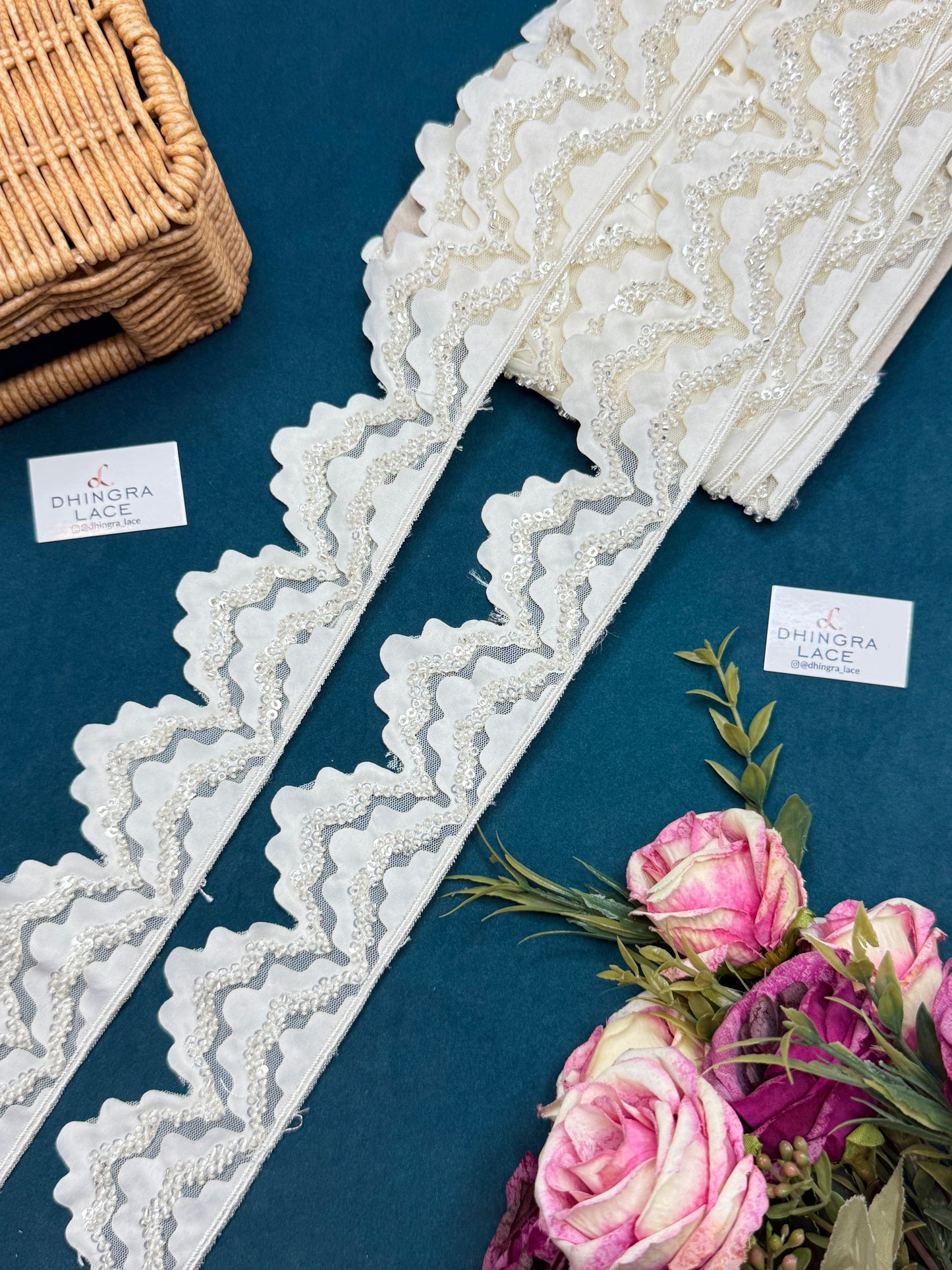 Beautiful Net Based Sequence And Glass Beads Work Scallop Lace 150526