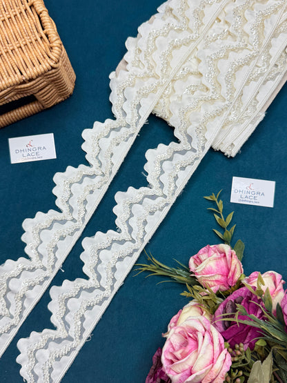 Beautiful Net Based Sequence And Glass Beads Work Scallop Lace 150526