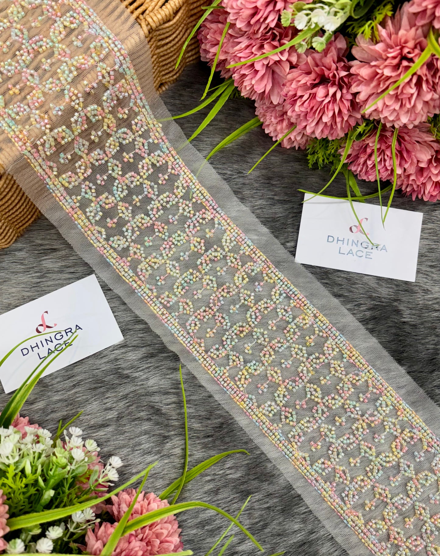 Beautiful Net Based Handwork Cutpipe And Sequence Work 3 Inches Broad Lace Multicolour 030325
