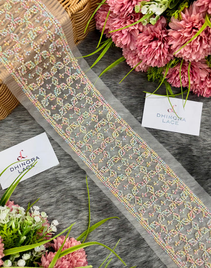 Beautiful Net Based Handwork Cutpipe And Sequence Work 3 Inches Broad Lace Multicolour 030325