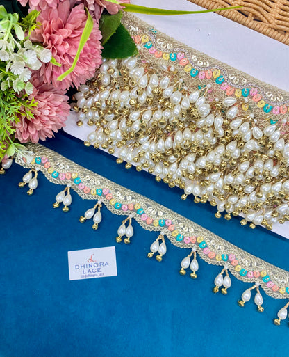 Beautiful Neck Based Multicolour Pearl Work Hanging Lace (1 Meter) 150826