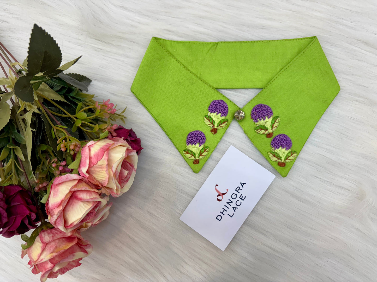 Beautiful Collar With Thread Work Flowers Light Green 200225