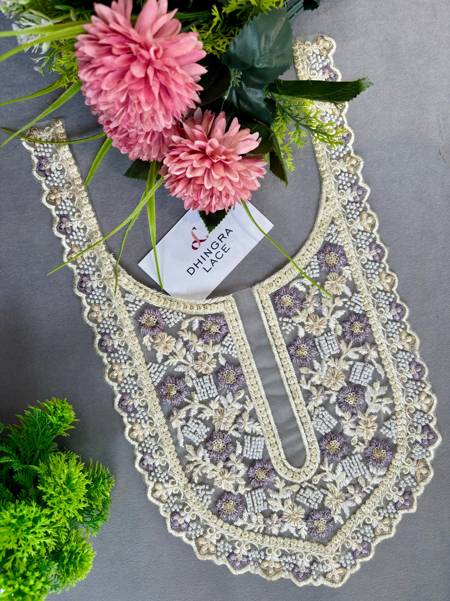 Beautiful Net Based Threadwork & Cutdana Work Neck Grey 130625/140326