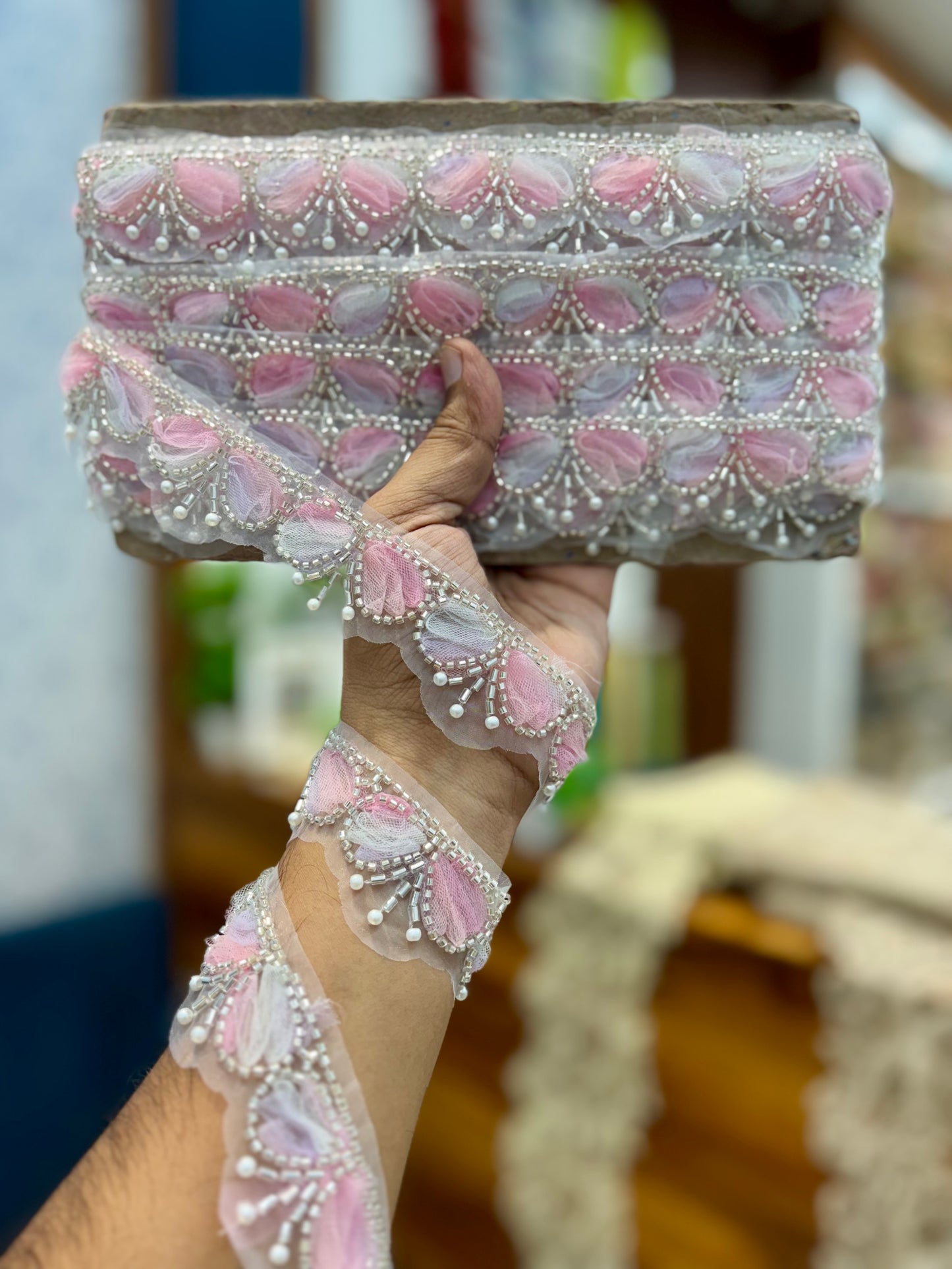 Beautiful Organza Based Pearls And Cutpipe Work Lace Multicolour 260825