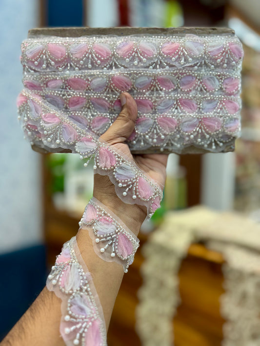 Beautiful Organza Based Pearls And Cutpipe Work Lace Multicolour 260825