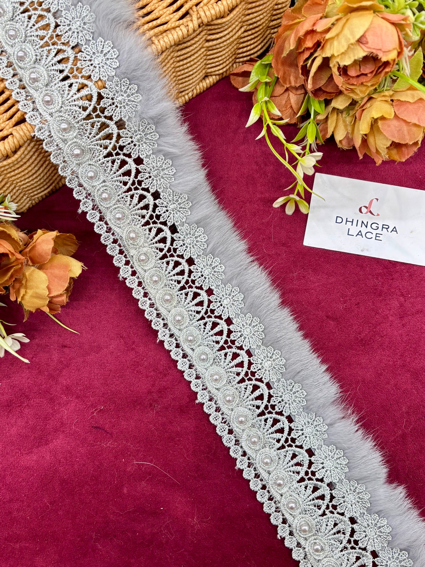 Beautiful Cotton Based Pearls And Feather Work 3 Inches Broad Lace Grey 210125