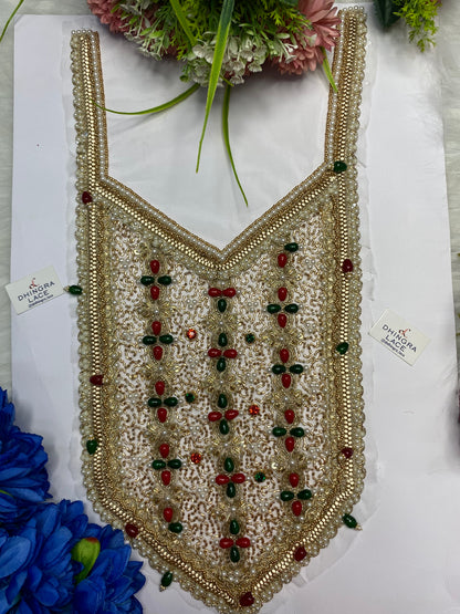 Rhine Stone Or Pearls Red Green Colour Combo With Metal Coins Or Handwork Neck Patches 161026