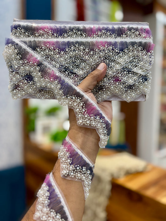 Beautiful Organza Based Pearls And Cutpipe Work Lace Multicolour 260825