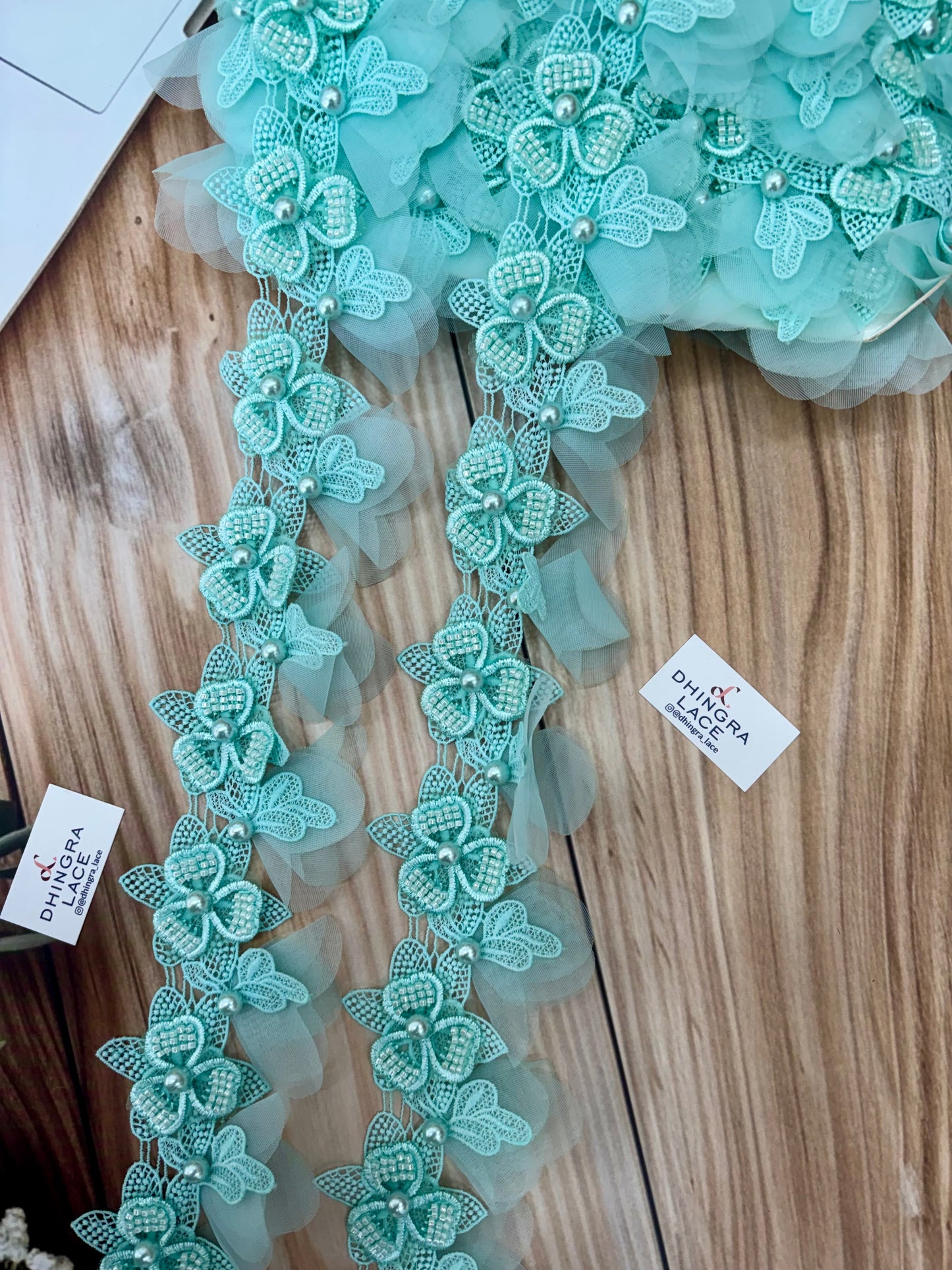 Beautiful Pearl Work Guipure Hanging Lace Sea Green 130226