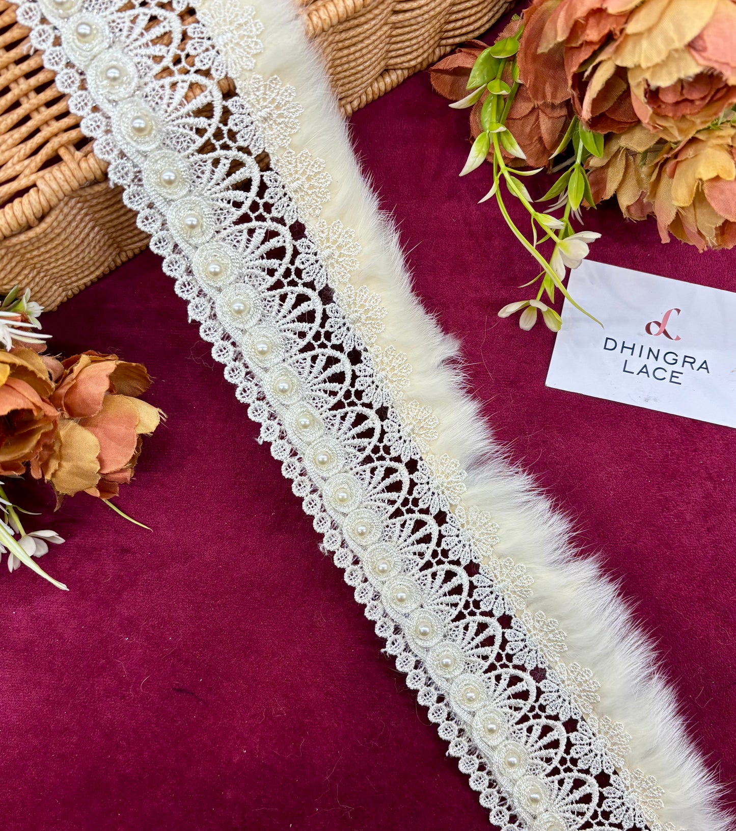 Beautiful Cotton Based Pearls And Feather Work 3 Inches Broad Lace Off White 220925