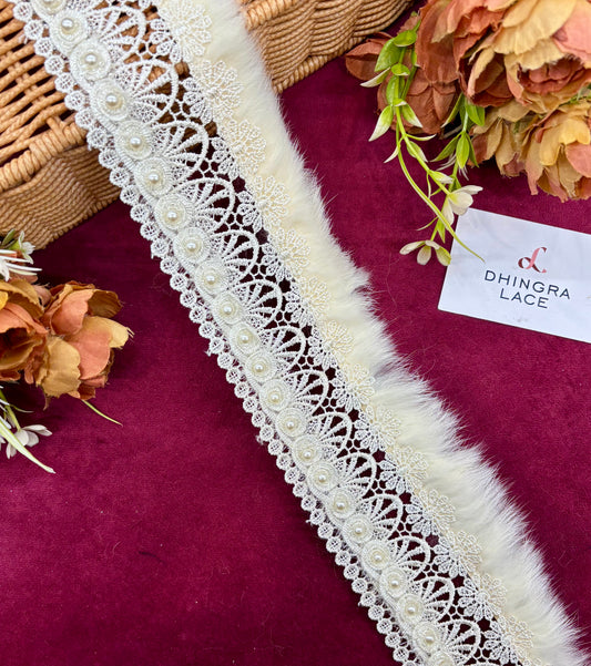 Beautiful Cotton Based Pearls And Feather Work 3 Inches Broad Lace Off White 220925
