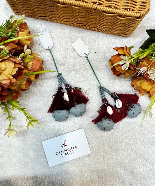 Beautiful Cotton Balls Thread , Evil Eyes And Shells Work Hanging Grey And Maroon 131124