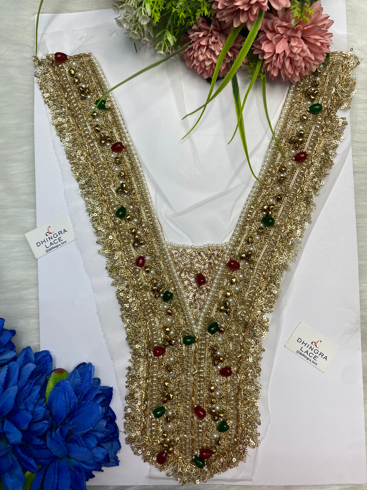 Rhine Stone Or Pearls Red Green Colour Combo With Metal Coins Or Handwork Neck Patches 161026