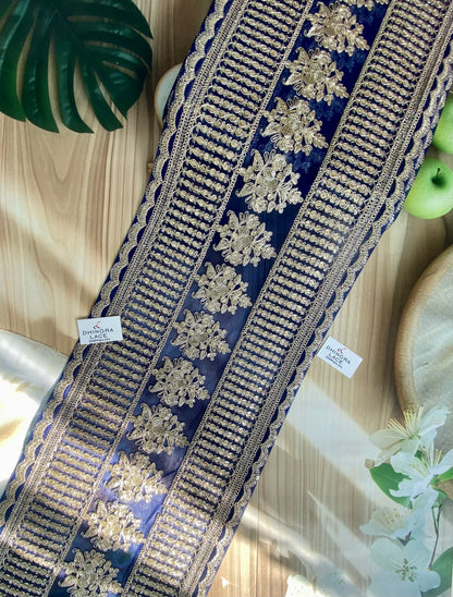 Beautiful Net Based Zari & Sequence Work 9 Inches Broad Border Lace For Saree, Suit, Dupatta, Lehnga Choli Blue 160126, 100226