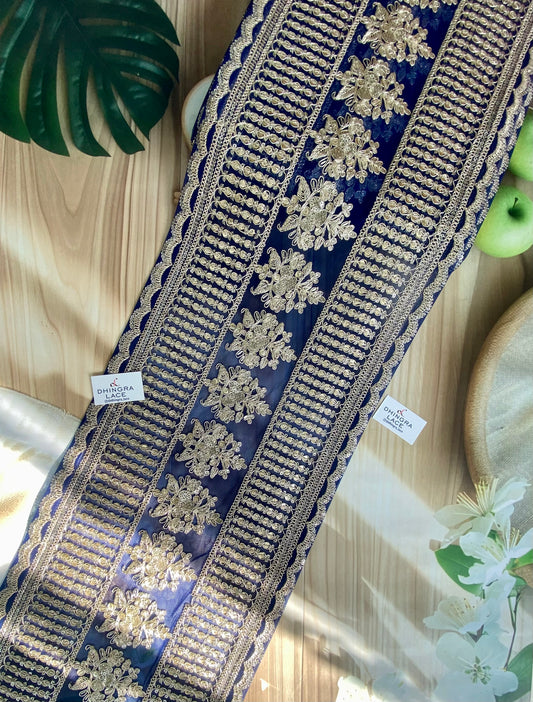 Beautiful Net Based Zari & Sequence Work 9 Inches Broad Border Lace For Saree, Suit, Dupatta, Lehnga Choli Blue 160126, 100226