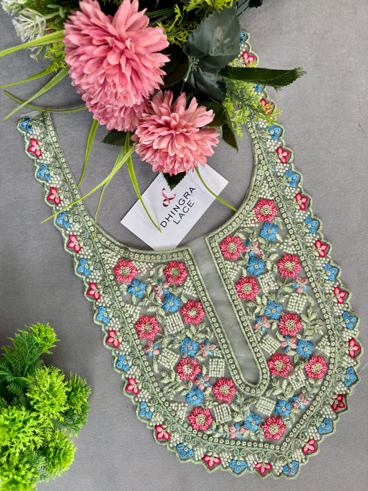 Beautiful Net Based Threadwork & Cutdana Work Neck Mint Green 130625/3