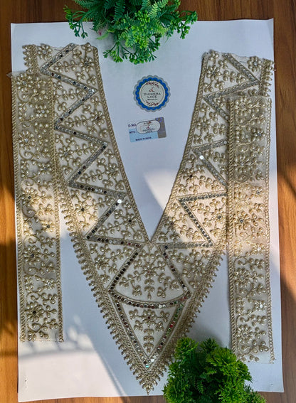 Beautiful Mirror Pearls And Zarkan Work V Neck Patch With Sleeves 200126