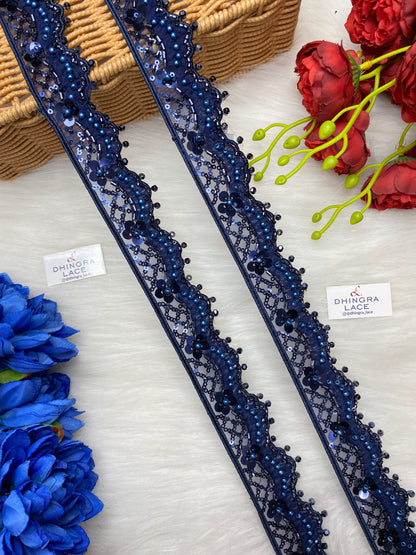 Beautiful Organza Based Cutpipe, Crystal, Sequence And Beads Work Lace (1 Meter) 250826