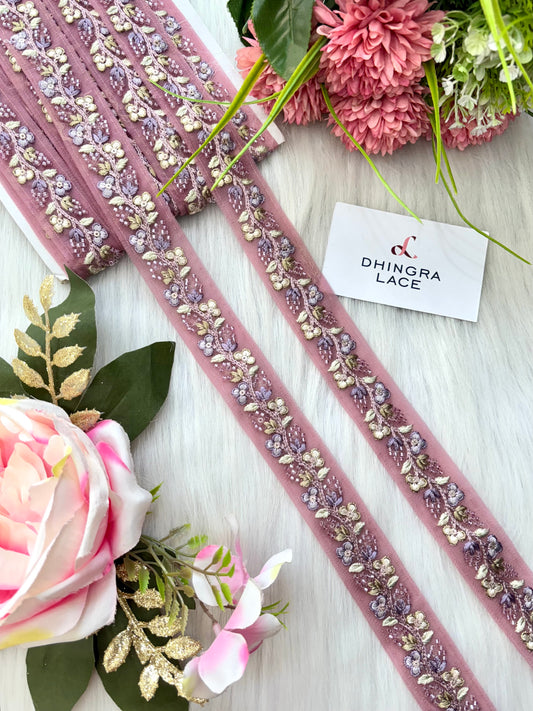 Beautiful Net Based Threadwork & Cutdana Work Lace Onion Pink 130625/4
