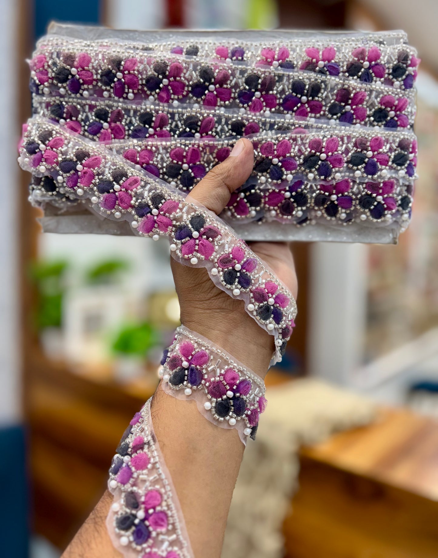 Beautiful Organza Based Pearls And Cutpipe Work Lace Multicolour 260825