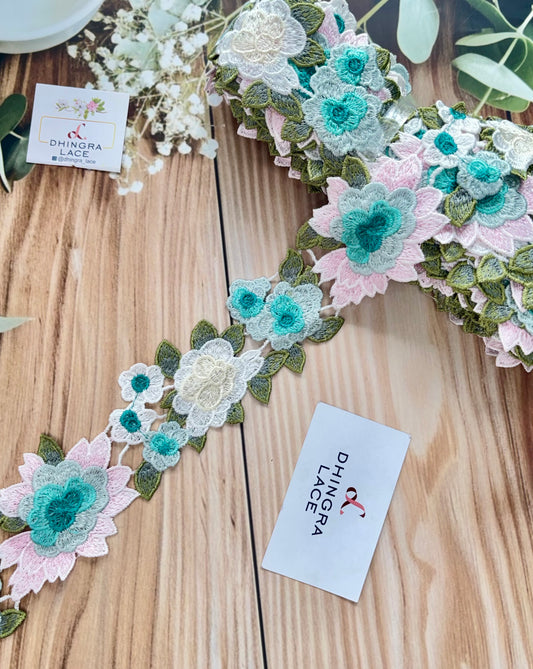 Beautiful Guipure Multicolour Sea Green Flower Lace 070725