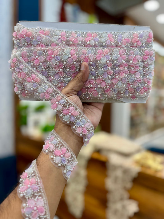 Beautiful Organza Based Pearls And Cutpipe Work Lace Multicolour 260825